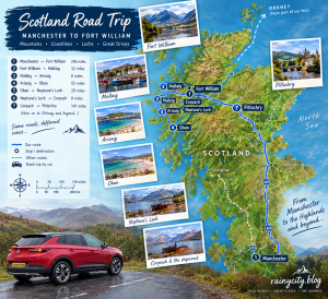 Road trip map and happiness in the highlands
